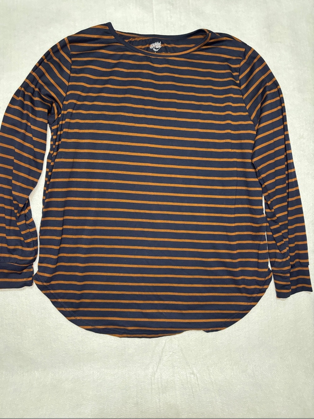 Striped Long-Sleeve Crewneck Top - Dark Navy and Burnt Orange Size Large